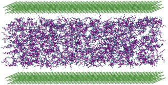 Image of a lubrication simulation with pentane as a lubricant in between two layers of solid material.