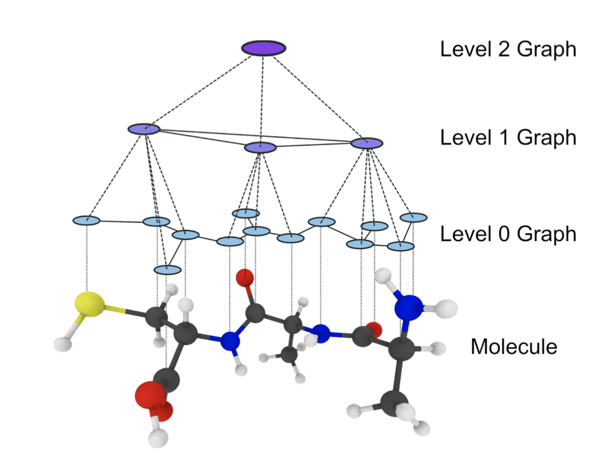 Hierarchy levels of the multi-level graph neural network. On level 0, every node represents one atom of the simulated system. On higher levels, multiple atoms are grouped into super-nodes.